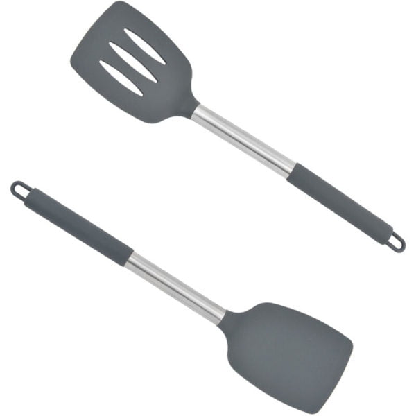 Kitchen Cooking Utensils Set, 2 pcs Non-stick Silicone Kitchen Utensils Spatula Set Grey dense shovel + grey leaky shovel