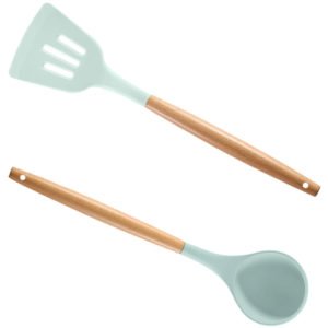 Kitchen Utensil Set Silicone Cooking Utensils, 2pcs Kitchen Utensils Set Tools Wooden Soup spoon + shovel (lake green)