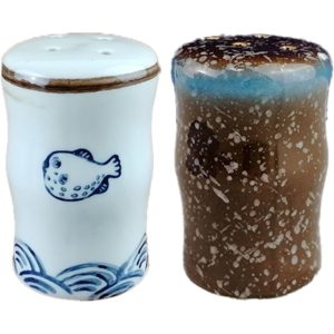 Kitchen seasoning jar salt chili powder jar ceramic with hole pepper chicken powder bottle sprinkler (Blowfish) + (Blue)