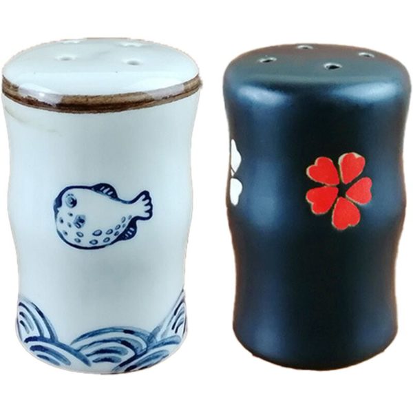 Kitchen seasoning jar salt chili powder jar ceramic with hole pepper chicken powder bottle sprinkler (Blowfish) + (Sakura)