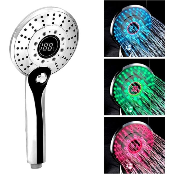 LED Shower Head, 3 Colors Hand Held LED Shower Head, Temperature Control, 3 Spray Modes, Digital Temperature Display, Enjoy the Shower