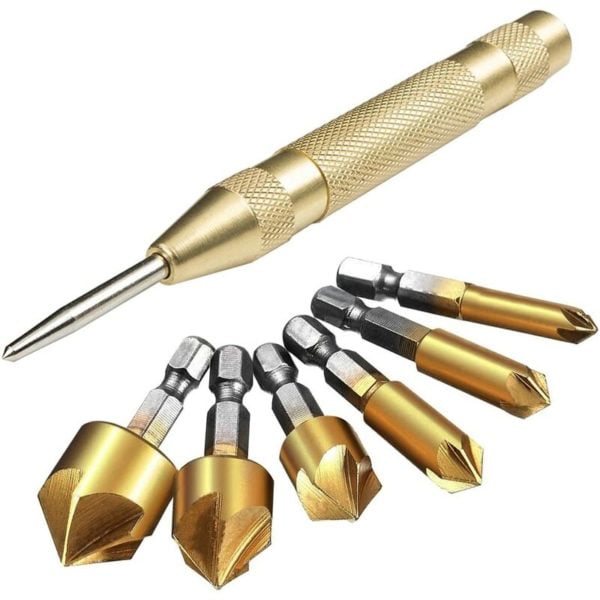 LITZEE 1/4'' Countersink Drill Bit with Automatic Center Punch, 6 pcs of Hex Shank HSS 5 Flute Countersink 90 Degree Deburring Tool, with 1 pcs of 5"