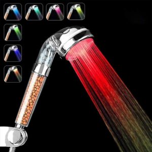 LITZEE Shower head, 7 LED colour changing, LED shower head, for bathroom and spa, high pressure, high filtration with three ionization levels,