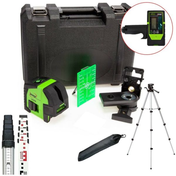 LX22G Green Cross Line Laser Level LDG1 Receiver 5m Staff Telescopic Tripod - Imex