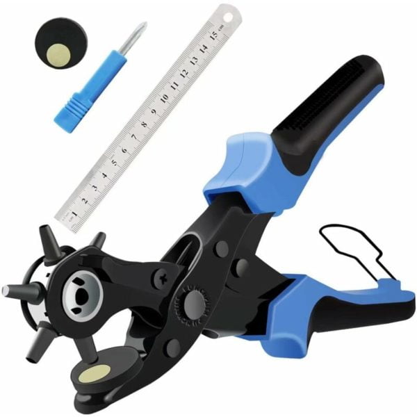 Leather Hole Punch, [Upgraded Version][Perfect Full Set] Belt Puncher, Heavy Duty Revolving Plier Tool with 2 Extra Plates and Ruler, Multi Sized for