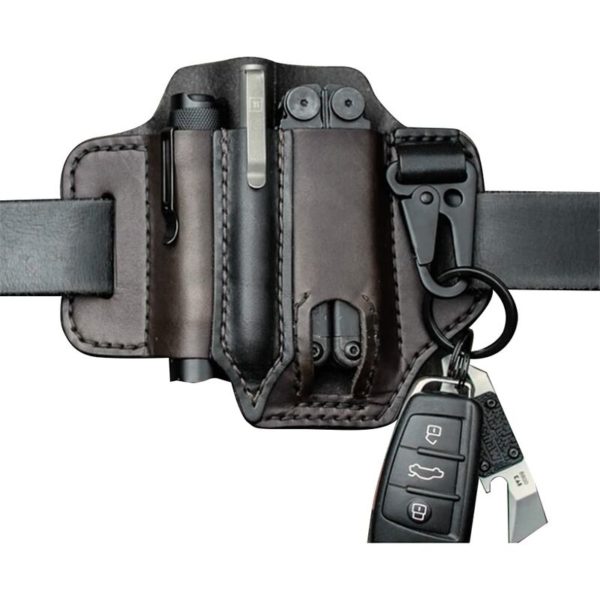 Leather Organizer Sheath Belt Buckle Leather Multi-Function Tool Holder with Key Holder for Belt and Flashlight