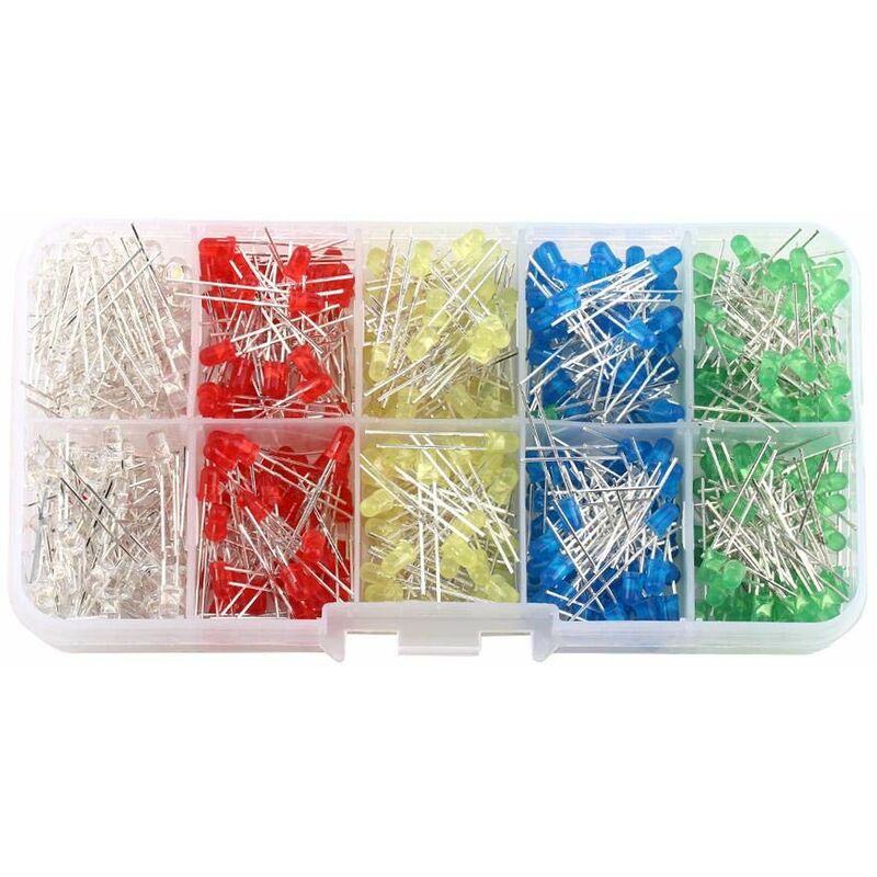Led Components+ Assortment Diodes diy Kit 500pcs 2pin 5 Colors 3mm Light Emitting Diodes Round Head Resistor Kit with Box - Litzee