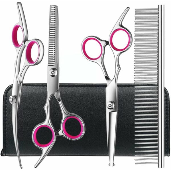 Lifcausal - Dog Grooming Scissors Kit with Safety Round Tips,Stainless Steel Professional Dog Grooming Shears Set - Thinning, Straight, Curved Shears