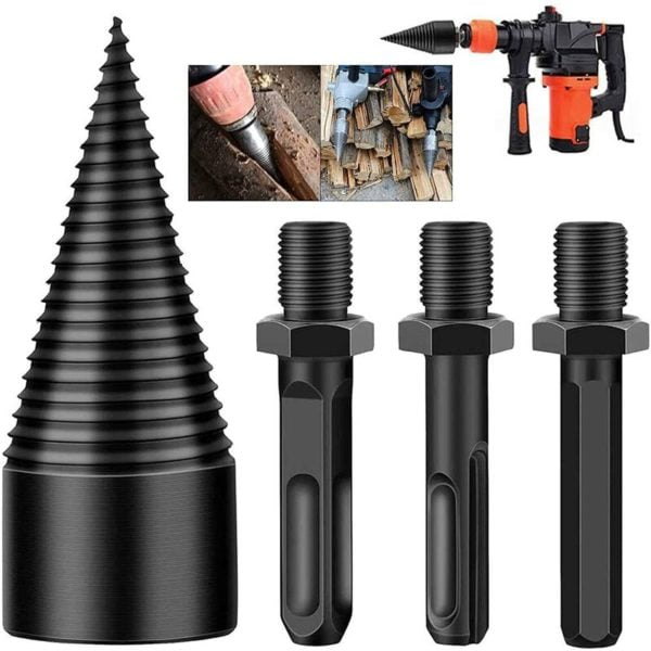 Lifcausal - Firewood Log Splitter, 3pcs Drill Bit Removable Cones Kindling Wood Splitting logs bits Heavy Duty Electric Drills Screw Cone Driver Hex