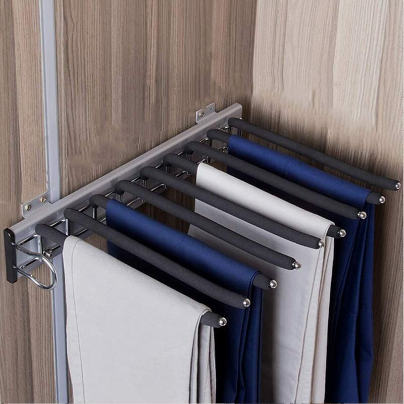 Litzee – Telescopic Sliding Trouser Hanger for Wardrobe, Space Saving Push – Pull Trouser Hanger, 9 Arm Anti-Slip Flock Hanger, Sliding Tie