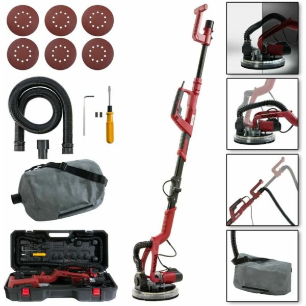 Long-Neck Sander Drywall Sander Wall-Ceiling Sander 750 watt, ø 225 mm Telescopic Rod Suction System Swivel Head with led Including 6 Sanding Discs