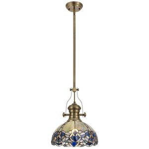 Luminosa Lighting - 1 Light Telescopic Ceiling Pendant E27 With 30cm Tiffany Shade, Antique Brass, Blue, Clear Crystal