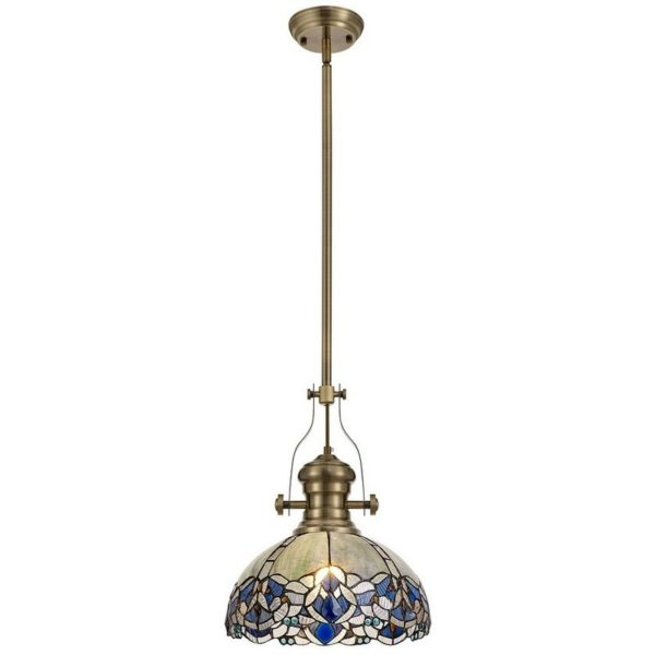 Luminosa Lighting - 1 Light Telescopic Ceiling Pendant E27 With 30cm Tiffany Shade, Antique Brass, Blue, Clear Crystal