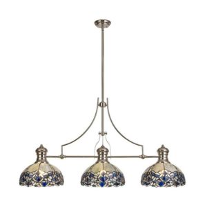 Luminosa Lighting - 3 Light Telescopic Ceiling Pendant E27 With 30cm Tiffany Shade, Polished Nickel, Blue, Clear Crystal