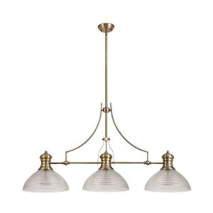 Luminosa Lighting - 3 Light Telescopic Ceiling Pendant E27 With 33.5cm Prismatic Glass Shade, Antique Brass, Clear