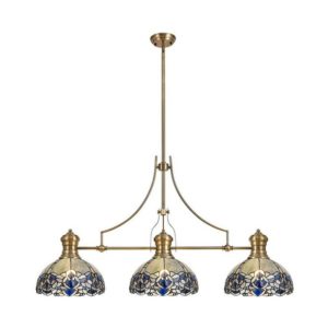 Luminosalighting - Luminosa Lighting - 3 Light Telescopic Ceiling Pendant E27 With 30cm Tiffany Shade, Antique Brass, Blue, Clear Crystal