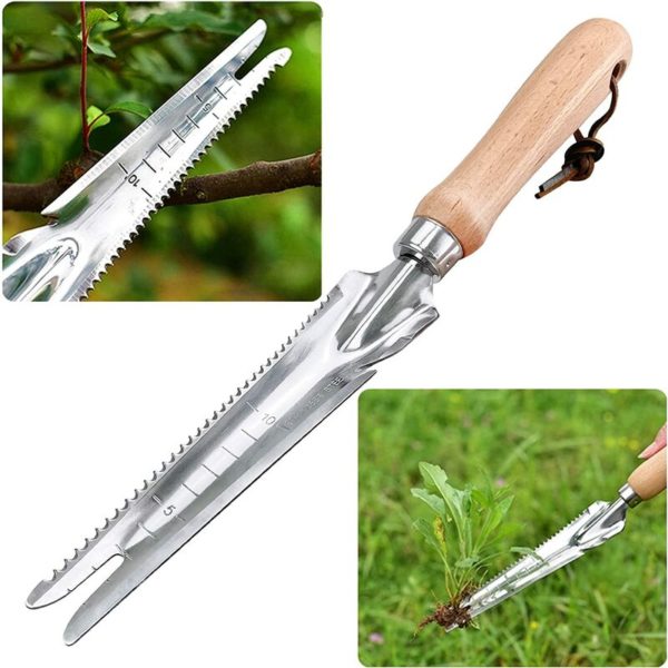 Manual Weeding Tool Wooden Handle Stainless Steel Weeder with Measure, Mowing Tool, Weed Puller, Weeding Shovel, for Digging Garden