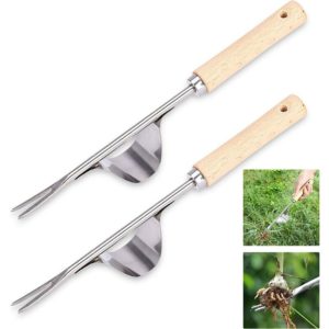 Manual stainless steel weeder, 2piece Hand weeder garden Y-shaped tee-shaped extractor with wooden handle, for weedage transplantation planting fork