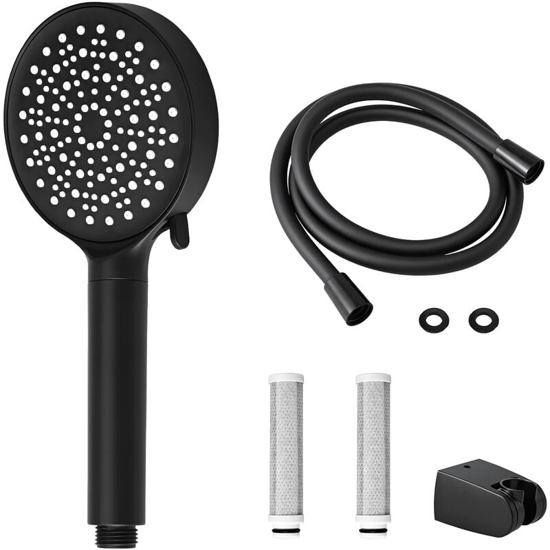 Meykoers - Shower Head Set with 1.5 m black pvc Hose, Black Handheld Shower Head 6 Spray Modes, with 2 Filter Element Shower Kit