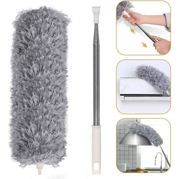 Microfiber telescopic dust mop with duster Dust mop with foldable corner broom and stainless steel telescopic rod up to 240 cm long, washable cloth