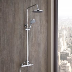 Milano - Select - Modern Round Thermostatic Bar Mixer Shower Valve with Telescopic Riser Rail, Round Fixed Shower Head and Hand Shower Handset