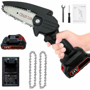 Mini Battery Powered Chainsaw, with 1 Battery and 2 Chains, 4 Inch, Portable Rechargeable Chainsaw for Garden Tree Branch Cutting