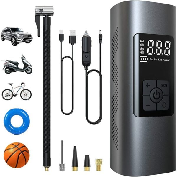 Mini Electric Air Pump, Portable Air Compressor Cordless Tire Inflator 150PSI with Digital lcd Display, Electric Bike Pump with led Light for