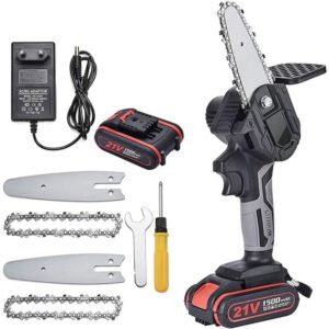 Mini cordless chainsaw 4 inch 21 v powerful 6 m/s 1 battery 2 chains 2 guides