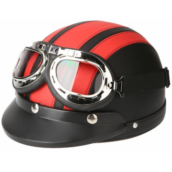 Motorcycle Scooter Half Open Leather Helmet With Visor uv Goggles Retro Vintage Style 54-60cm, Red