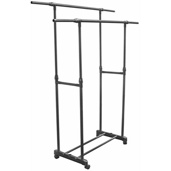 Multi-Functional Metal Telescopic 2-Bar Clothes Rack with Shoe Racks and Wheels