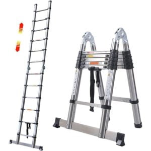Multi-Purpose Stainless Steel 3.8M Telescopic Ladder Extension Extend - Portable Foldable Ladder with Stabiliser Bar, 1.9M+1.9M Collapsible Ladder