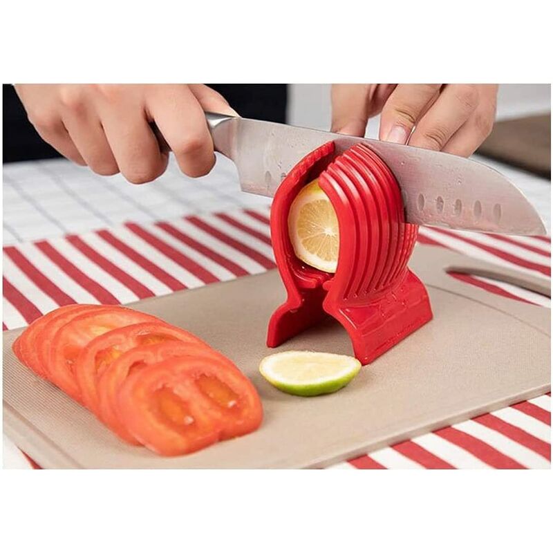 Multi-Purpose Tomato Slicer Holder Round Potato Fruit Vegetable Tools Kitchen Cutting Aid Get perfectly sliced tomato and vegetable slices with half