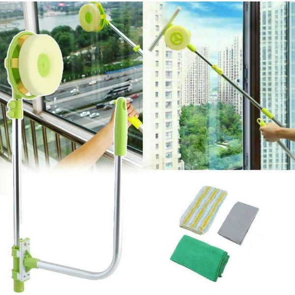 Multi-purpose 2 in 1 Window Cleaner with Rotating Head, High Rise Window Cleaning Tool with 1.4m Extendable Pole, U Shape Telescopic Window Cleaning