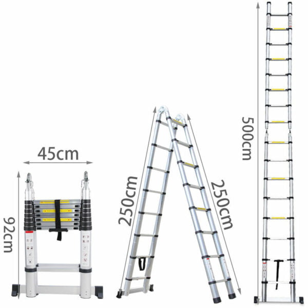 Multifunctional Telescopic Ladder Aluminum Alloy Outdoor Double Sided Folding Ladder Household 5M(2.5M+2.5M) - Silver