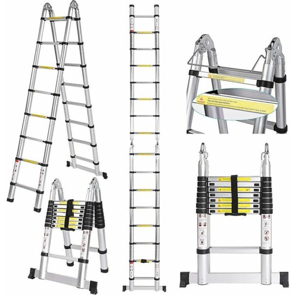 Multipurpose 5M Aluminum Telescopic Ladder - Extenable Extension Ladder - 2 in 1 Multifunction Extendable Folding Ladder - Capacity: 150kg