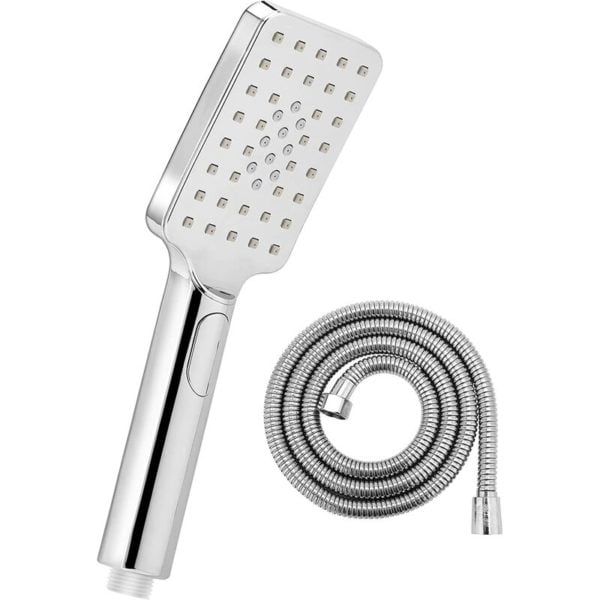 NORCKS Shower Head with Hose, Powerful Shower Head 3 Adjustable Spray Mode + 1.5m Shower Hose Stainless Steel Square Chrome - Silver