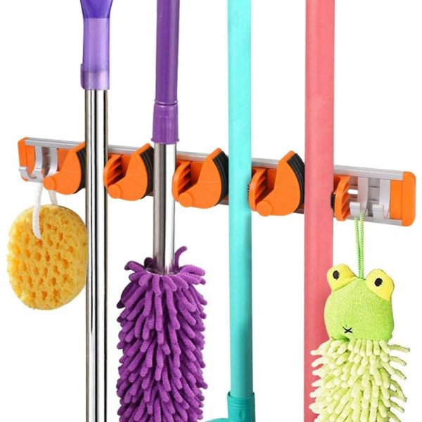 New Multi-Function Wall-Mounted Broom Holder, Mop Hook Storage Holder with 4 Mobile Slots 4 Mobile Hooks, Space-Saving Wall-Mounted Tool Storage for