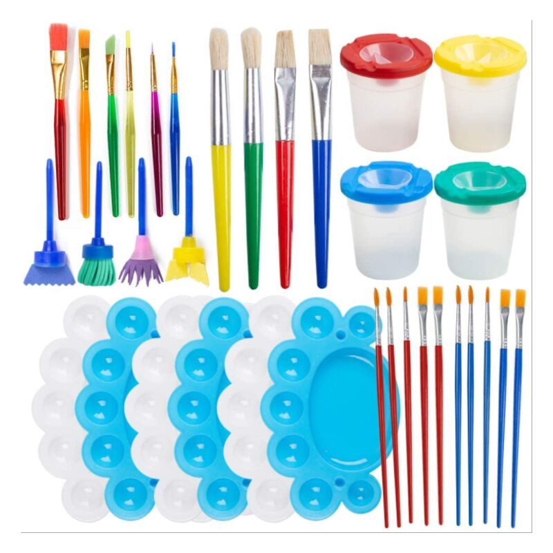 Painting Tool Kit, 34Pcs Paint Supplies Include Paint Cups with Lids Palette Tray Multi Sizes Paint Pen Brushes Set for Kids Gifts School Prizes Art