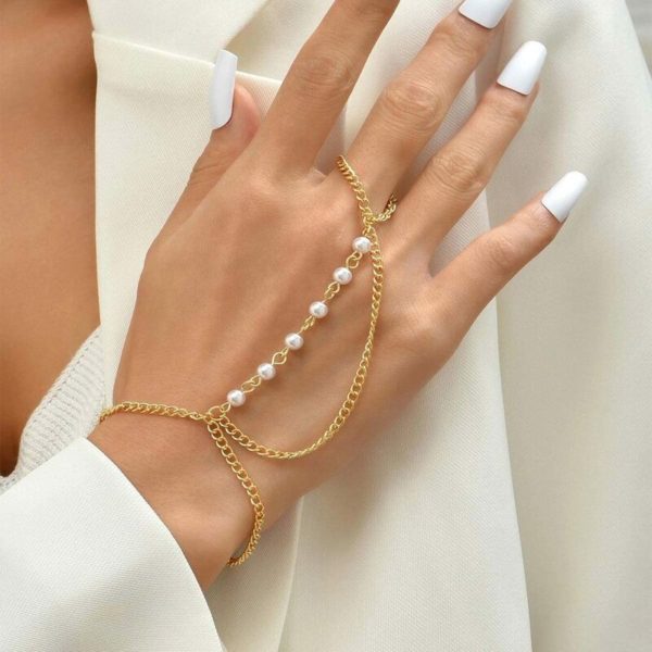 Pearl Chain Ring Bracelets Golden Hand Harness Bracelets Finger Rings Hand Accessories for Women and Girls