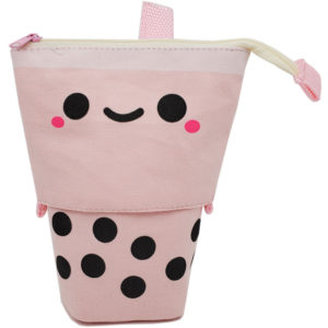 Pencil Holder Stand, Cute Telescopic Cartoon Milk Tea Cosmetic Case Durable Canvas Stationery Makeup Bag for Boys Girls Students and Office