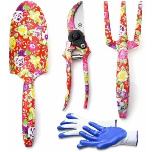 Piece Gardener's Tool Kit - Flower Print Gardening Tools with Trowel, Cultivator, Pruner, Gloves - Heavy Duty Gardening Kit Gift