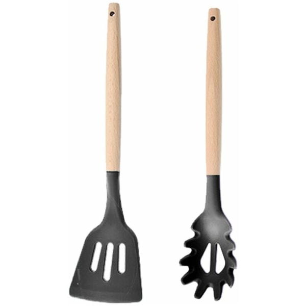 Piece Set Silicone Cooking Utensils Heat Resistant Wooden Handles Non Stick Cooking Utensils Leaking Shovel + Dust Handle (Grey)