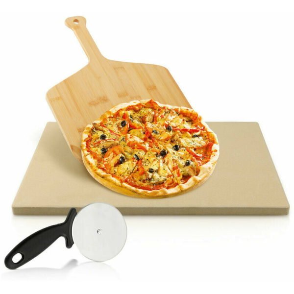 Pizza stone set 1.5 cm thick wooden pizza shovel Fireclay bread stone rectangular 38x30 cm for pizza and tarte flambée with pizza shovel for pizza