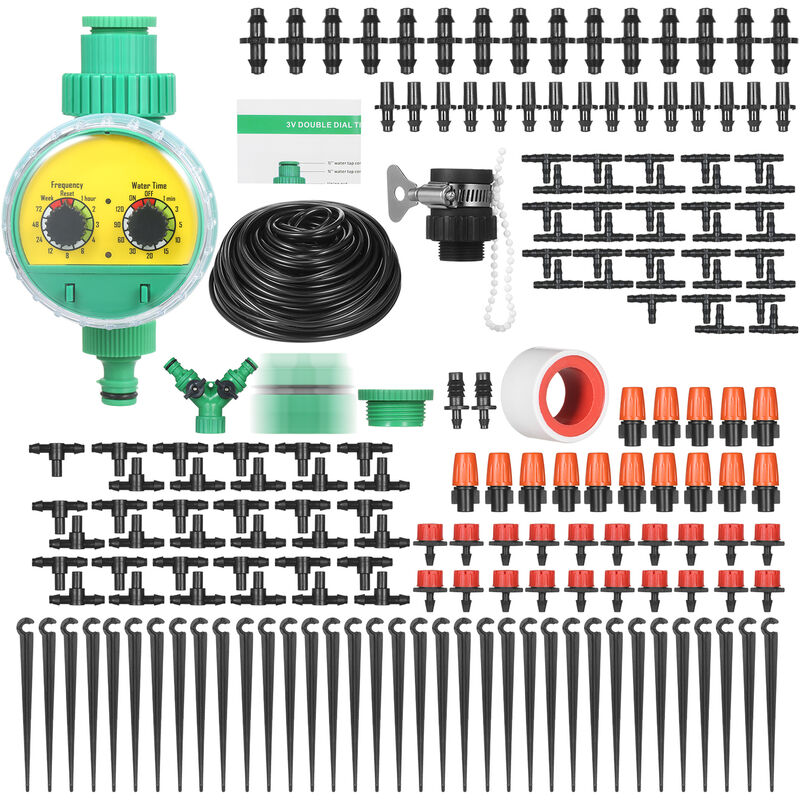 Plant Watering Drip Irrigation Kit diy Watering System with Electronic Automatic Irrigation Timer Nozzles Misters Drippers 40 Meters Tubing for