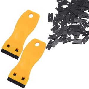 Plastic scraper with 1.5 inch double-edged plastic blade to remove labels, stickers on windows, yellow 2 shovel + 60 plastic blades
