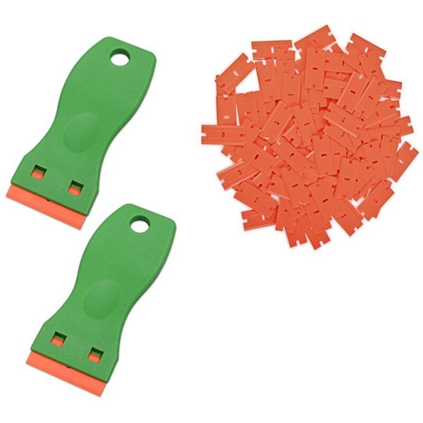 Plastic scrapers with 1.5 inch double cutting plastic blade to remove labels, stickers on windows, blue 2 shovel + 60 plastic blades