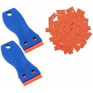 Plastic scrapers with 1.5 inch double cutting plastic blade to remove labels, stickers on windows, green 2 shovel + 60 plastic blades