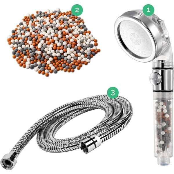 Power Shower Head Original High Pressure Shower Head with Hose and Replacement Stones - 3 in 1 Value Kit - with Stop Button for Non-Electric Showers