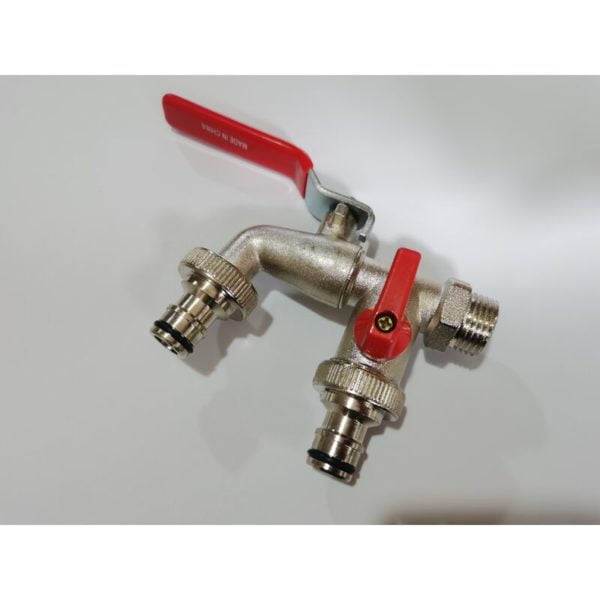 Premium Double Garden Faucet 1/2 Inch (Red) - Double Outlet Tap - Outdoor Faucet Brass Anti-Frost Stainless Steel - Ball Valve Manifold + 2X Hose