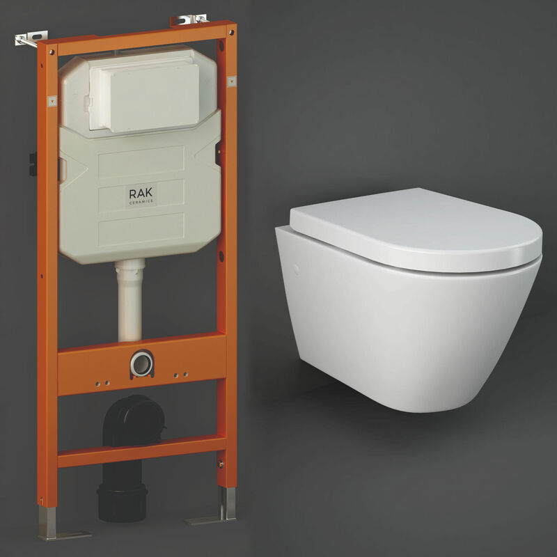 RAK Resort Rimless Hidden Fixation Wall Hung Toilet with Ecofix 1140mm Toilet Frame – Soft Close Seat